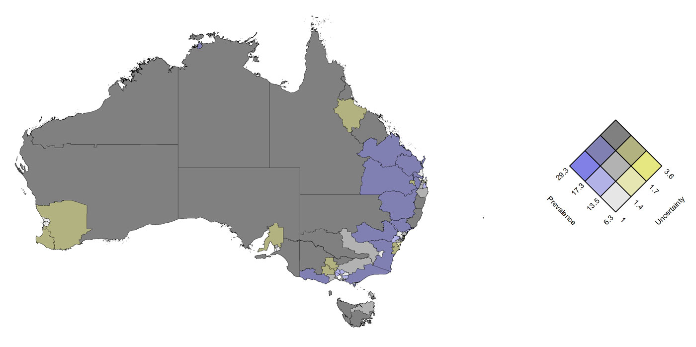 Daily smoking prevalence and associate standard errors on a bivariate map (left panel) and bivariate key (right panel) for Statistical Areas level 4 in Australia. Map created using Vizumap by the SPARSE project team at the Australian National University). Image credit: Lydia Lucchesi